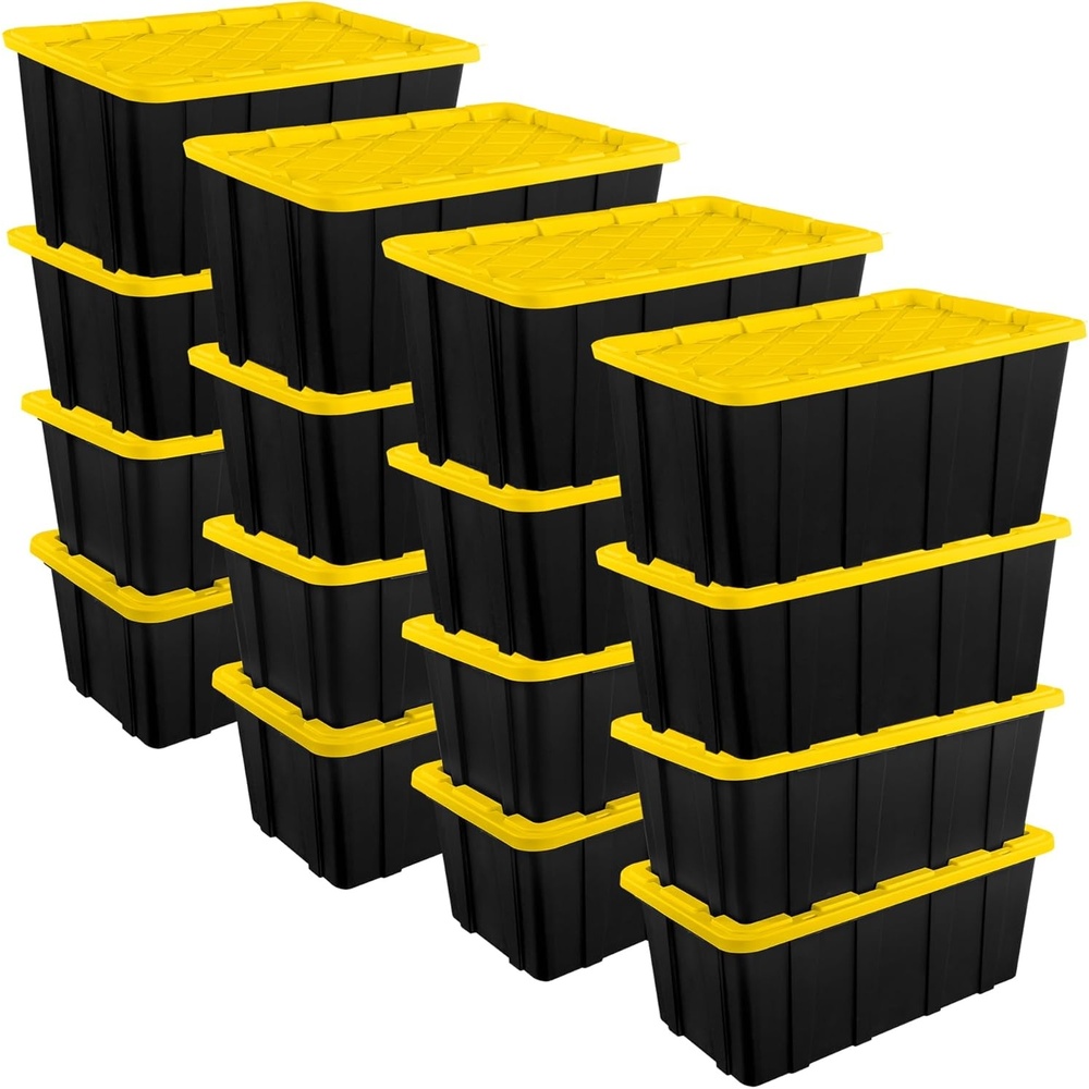 image:imageSterilite 4Pack Industrial Storage Box Plastic Container Bins wLids 27 Gallon Yellow  HeavyDuty Organizing Containers for Closet Bathroom and Office38 Gallon