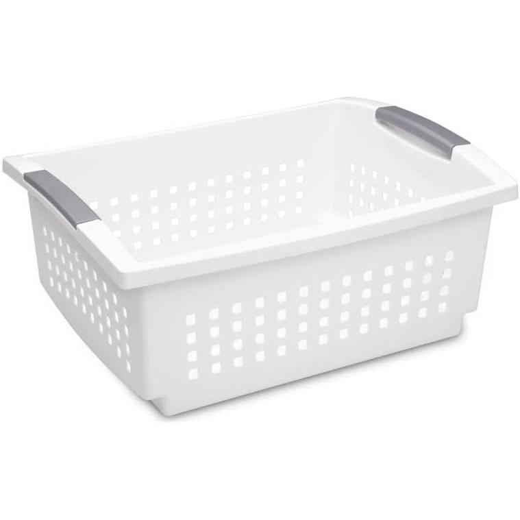 image:imageSterilite Large Stacking Basket Plastic Storage Bin for Organizing Countertops Pantry or Classroom White Basket with Gray Handles 10pack