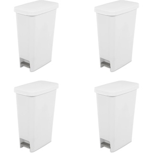 Sterilite 11 Gallon Slim StepOn Wastebasket with Lid, Hands-Free, Space-Saving Trash Can for the Kitchen or Bathroom, White, 4-Pack