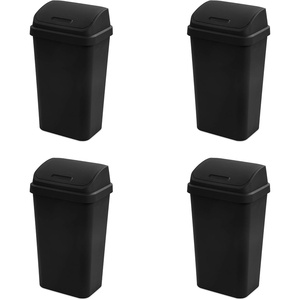 Sterilite 13 Gallon Swing Top Wastebasket with Lid, Large Plastic Trash Can for the Kitchen & Mudroom, Black Lid and Base, 4-Pack