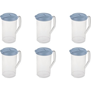 Sterilite 2 Qt Round Pitcher, Spout and Handle for Easy Pouring of Water or Juice, Plastic, Dishwasher Safe, Clear w/Blue Lid, 6-Pack