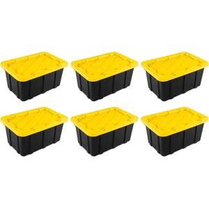 Sterilite 38 Gal Industrial Tote, Stackable Storage Bin with Snap-Fit Lid for Garage, Basement & Attic Storage, Black Base and Yellow Lily Lid, 4-Pack(17 Gallon)