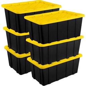 Sterilite 38 Gal Industrial Tote, Stackable Storage Bin with Snap-Fit Lid for Garage, Basement & Attic Storage, Black Base and Yellow Lily Lid, 4-Pack(27 Gallon)