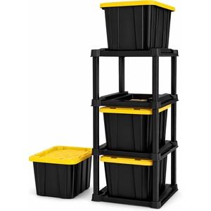 Sterilite 4-Pack Industrial Storage Box, Plastic Container Bins w/Lids, 27 Gallon, Yellow – Heavy-Duty Organizing Containers for Closet, Bathroom, and Office(27 Gallon – Black/Yellow + Tote Rack)