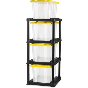 Sterilite 4-Pack Industrial Storage Box, Plastic Container Bins w/Lids, 27 Gallon, Yellow – Heavy-Duty Organizing Containers for Closet, Bathroom, and Office(27 Gallon – Clear/Yellow + Tote Rack)
