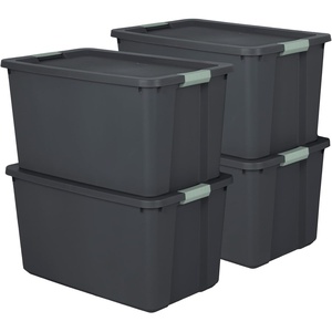 Sterilite 4-Pack Latch Tote, Stackable Plastic Storage Bin Containers, 34 Gal, Gray/Green – Large Organizer Boxes with Latching Lids for Closet, Bedroom, Tool, and Laundry Organization(4)