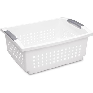 Sterilite Large Stacking Basket, Plastic Storage Bin for Organizing Countertops, Pantry, or Classroom, White Basket with Gray Handles, 10-pack